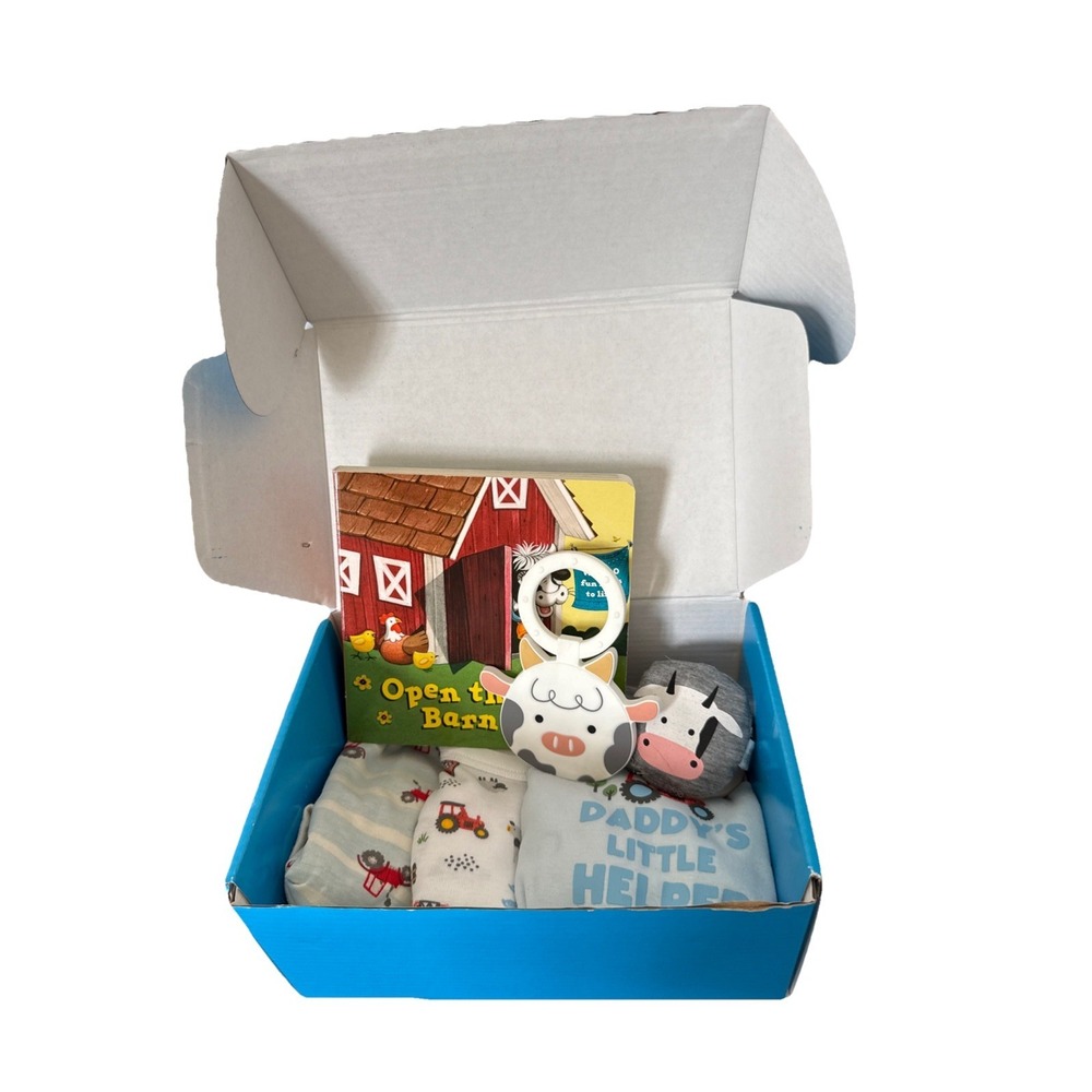 Farm Baby Shower Gift, Infant Baby‎ Boy Gift Book 3 Bodysuits & Teether Cow Toys